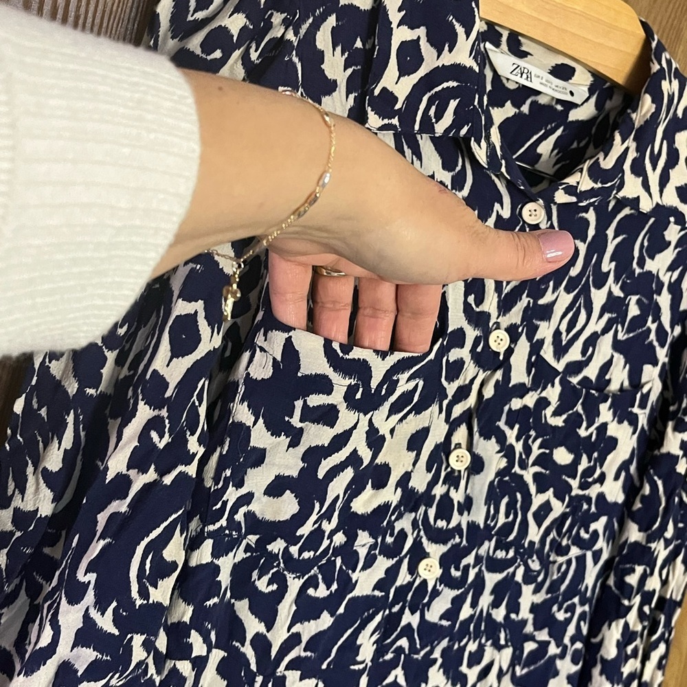 Zara White and Blue Sheath Dress 3/4 Sleeve Crew Neck - Picture 2 of 13